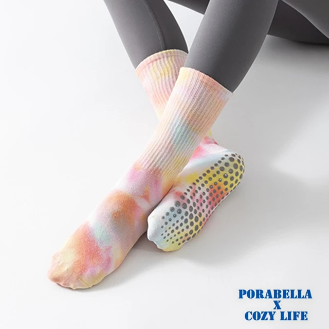 【Porabella】瑜珈防滑中筒渲染五指襪 瑜伽襪子女中筒襪純棉防滑矽膠室內健身秋冬五指運動襪(任選三雙)