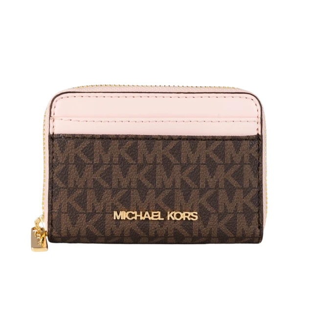 【Michael Kors】JET SET滿版MK拼接防刮皮革金字拉鍊卡夾零錢包(咖啡花瓣粉)