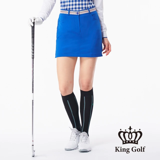 KING GOLF【KING GOLF】假兩件剪裁腰部織帶拼接運動短裙(藍色)