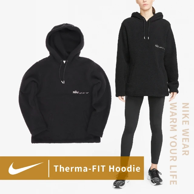 【NIKE 耐吉】帽T Therma-FIT 黑 保暖 女款 寬鬆 連帽上衣 刺繡 搖粒絨 絨毛(DQ6237-010)