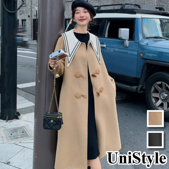 UniStyle【UniStyle】韓版甜美優雅高端V領牛角釦長袖過膝毛呢大衣外套 ZM206-9659(卡其 黑)