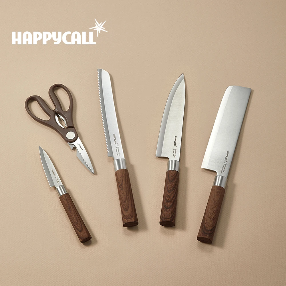 【韓國HAPPYCALL】木質紋料理刀具5件組(8吋主廚刀方形主廚刀麵包刀3.5吋水果刀料理剪)