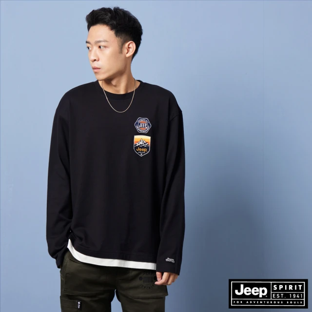 JEEP【JEEP】男裝 簡約寬版假兩件厚磅長袖T恤(黑色)