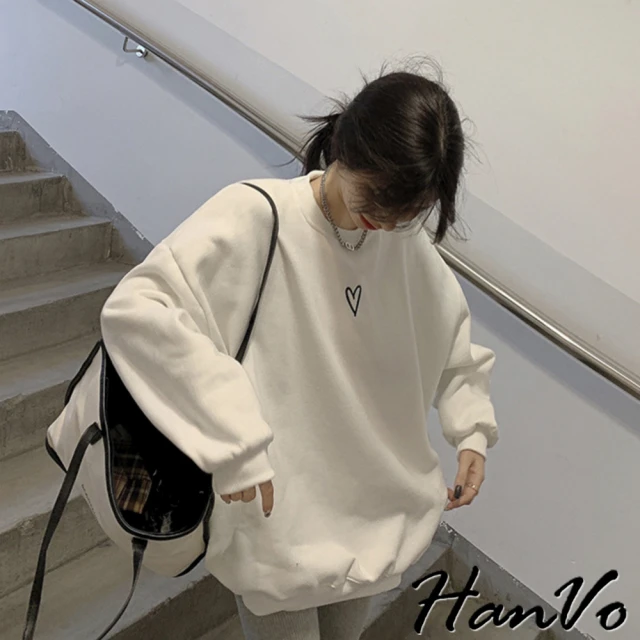 HanVo【HanVo】心中有愛慵懶風大學T(舒適好穿休閒長袖棉T 韓系百搭顯瘦修身上衣 韓國女裝 女生衣著 1819)