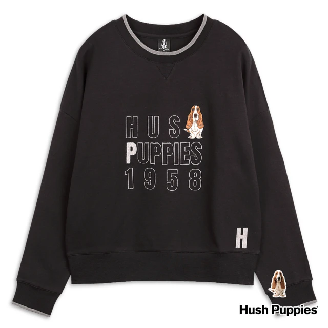 【Hush Puppies】女裝金蔥文字刺繡狗長袖落肩上衣(黑色 / 24210104)