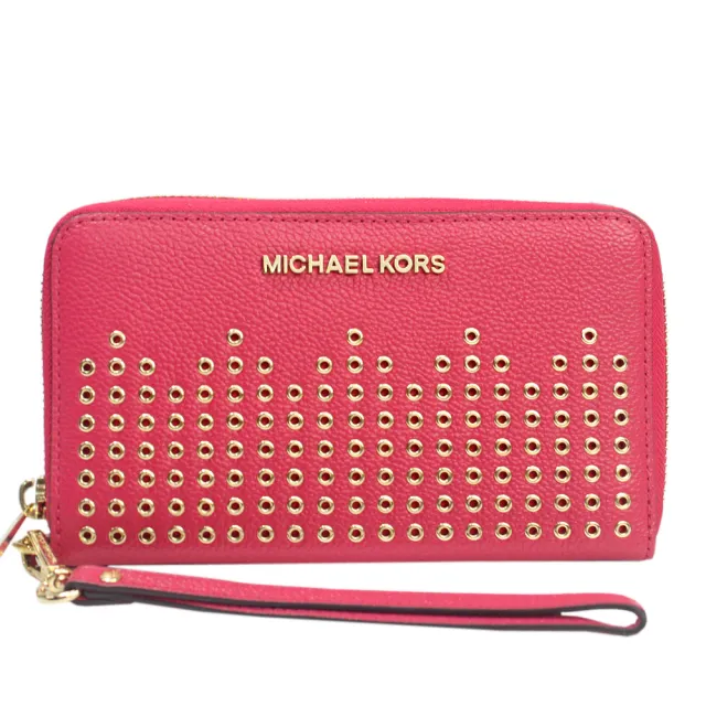 【Michael Kors】金屬字母LOGO鉚釘皮革拉鍊長夾-可手掛(粉桃)