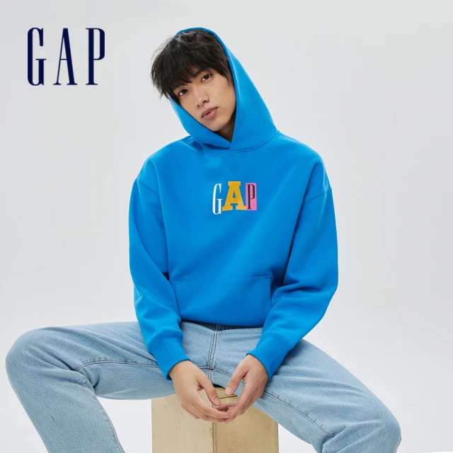 【GAP】男裝 碳素軟磨系列 Logo寬鬆刷毛連帽休閒上衣(505390-亮藍色)