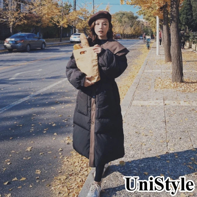 【UniStyle】韓系雙層領收腰加厚保暖長袖中長款羽絨棉大衣外套 女 ZM078-D8219(黑)