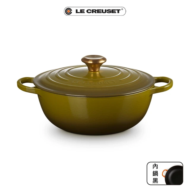 【Le Creuset】典藏琺瑯鑄鐵鍋媽咪鍋 26cm(橄欖綠-金頭-內鍋黑)