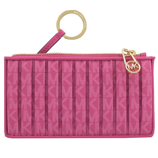【Michael Kors】經典滿版MK印花皺摺信用卡鑰匙圈零錢中夾(桃紫)