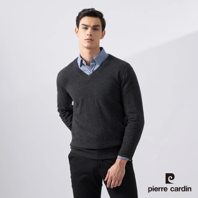 【pierre cardin 皮爾卡登】商務休閒 男款 純羊毛素色V領毛衣-深灰色(5225476-98)