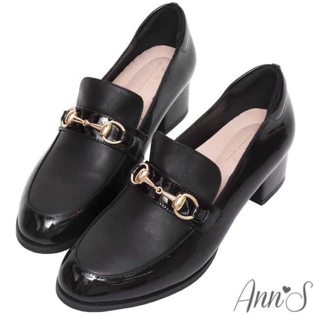 【Ann’S】質感拼接小羊皮金釦粗跟紳士鞋 4.5cm(漆皮黑)