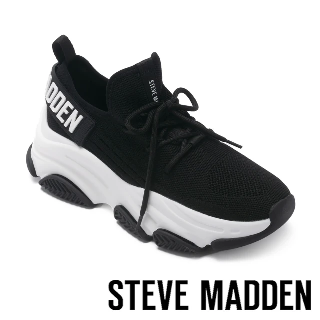 【STEVE MADDEN】PROTEGE 針織綁帶厚底休閒鞋(黑色)