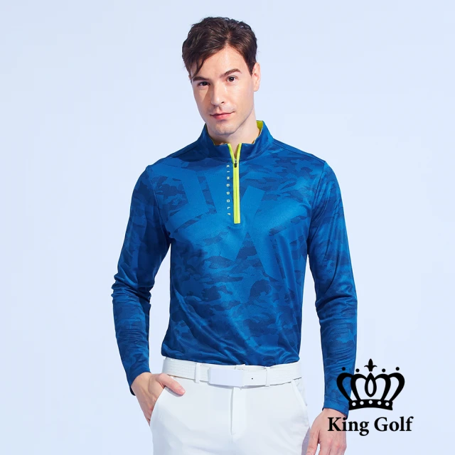 【KING GOLF】門市新品-男款薄款立領拉鍊滿版迷彩KG印花長袖POLO衫/高爾夫球衫(藍色)