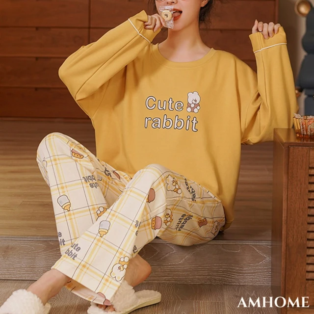 【Amhome】新款戀愛甜心睡衣精梳棉長袖長褲休閒家居服兩件式套裝#114546(8色)