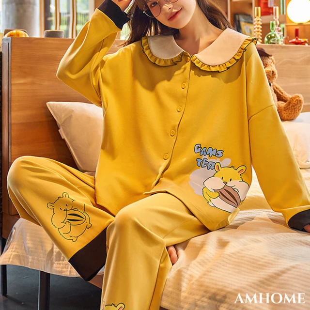 【Amhome】新款睡衣可愛少女印花滿版開衫翻領棉長袖家居服兩件式套裝#114543(5色)