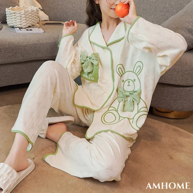 【Amhome】新款睡衣卡通可愛少女開衫翻領棉長袖家居服2件式套裝#114544(5色)