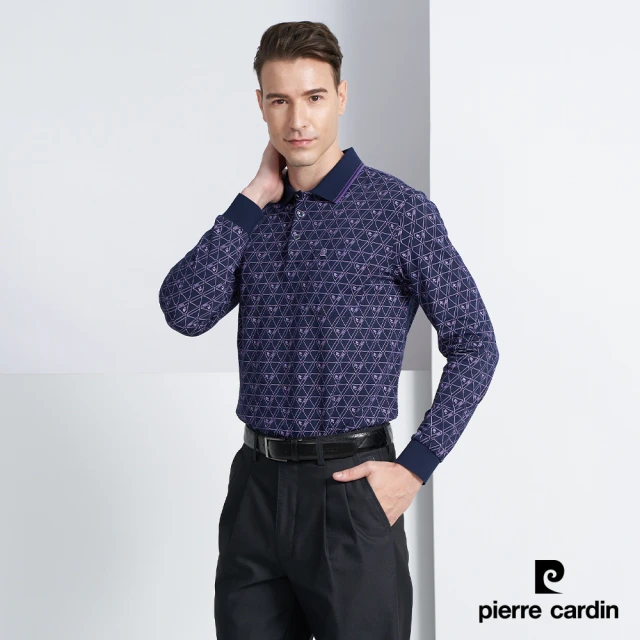 【pierre cardin 皮爾卡登】商務休閒 品牌縮寫印花長袖POLO衫-深藍色(5225266-38)