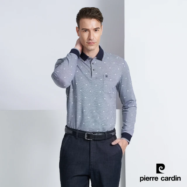 【pierre cardin 皮爾卡登】商務休閒 花朵印花長袖POLO衫-深藍色(5225260-38)