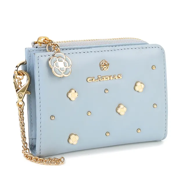 【CLATHAS】山茶花金屬小花裝飾質感羊皮證件零錢包鑰匙包(粉藍色)