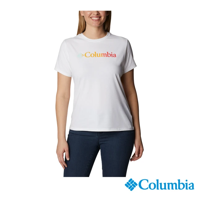 【Columbia 哥倫比亞】女款-Omni-Shade UPF50快排LOGO短袖上衣-純白(UAR21910SW / 2022年春夏商品)