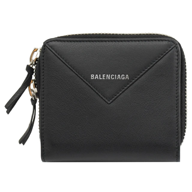 【Balenciaga 巴黎世家】簡約經典燙印LOGO小牛皮雙面扣式零錢短夾(黑)