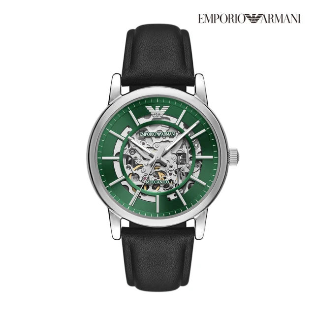 【EMPORIO ARMANI】Meccanico 都會綠面鏤空機械手錶 黑色真皮錶帶 43MM AR60068