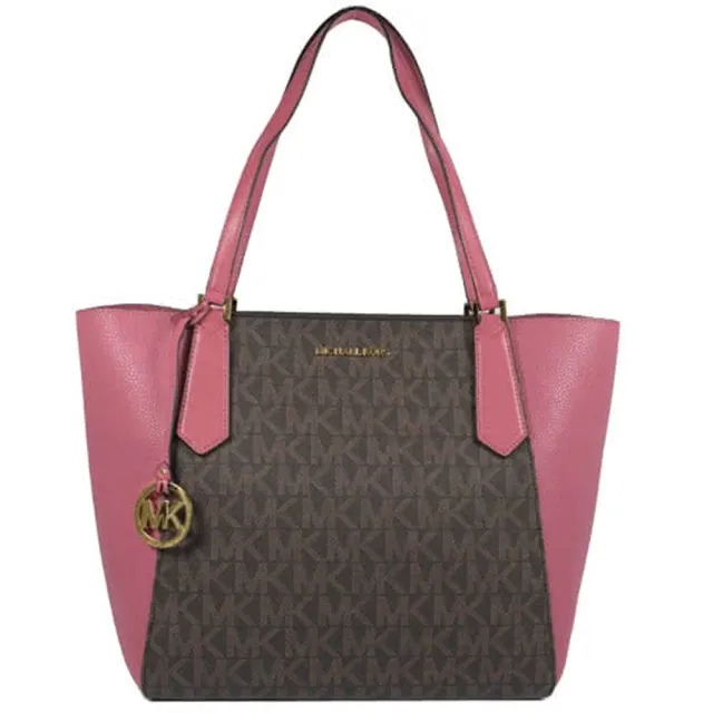 【Michael Kors】滿版MK印花皮革拼接肩背包托特包(桃/深咖)