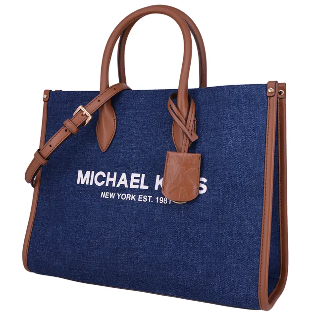 【Michael Kors】福利品 MIRELLA系列 牛仔帆布皮革 斜背/肩背/手提 拉鍊 斜背包 托特包(丹寧牛仔/中款)
