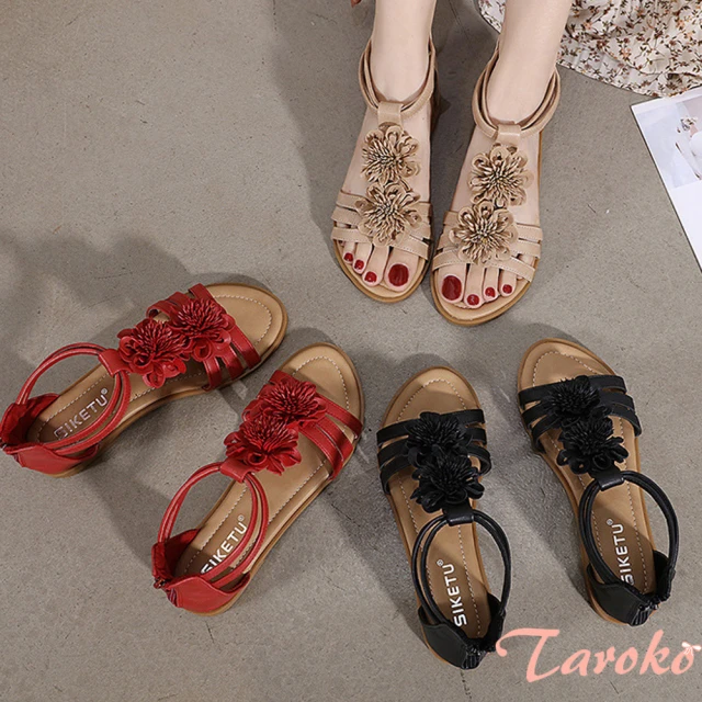 【Taroko】熱情紅花波西米亞拉鍊羅馬平底涼鞋(3色可選)