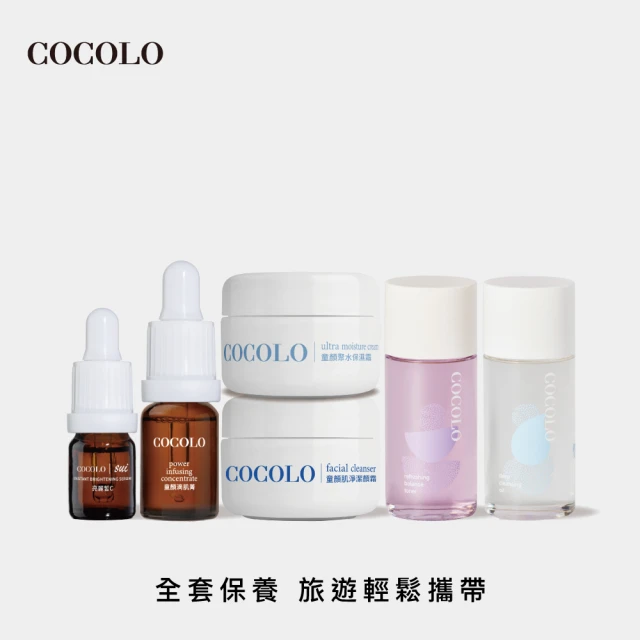 【COCOLO】玩美旅行組(滴肌菁10ml+潔顏霜10g+亮麗皙C 5ml+保濕霜10ml＋化妝水30ml＋卸妝油30ml)