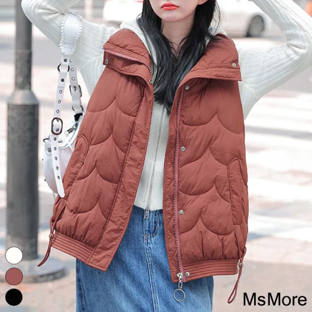 【MsMore】純色翻立領背心外套顯瘦寬鬆拉鍊鋪棉百搭保暖短版背心#115083(3色)