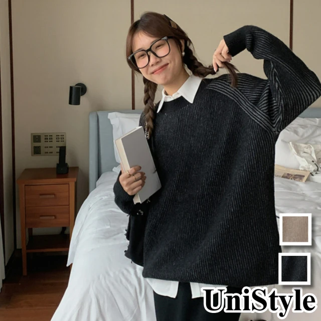 UniStyle【UniStyle】聖誕 韓版設計感坑條純色長袖毛衣上衣 女 EAW433A(黑 咖)