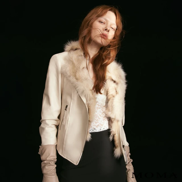 【MOMA】奢華毛領二件式綿羊騎士皮衣(白色)