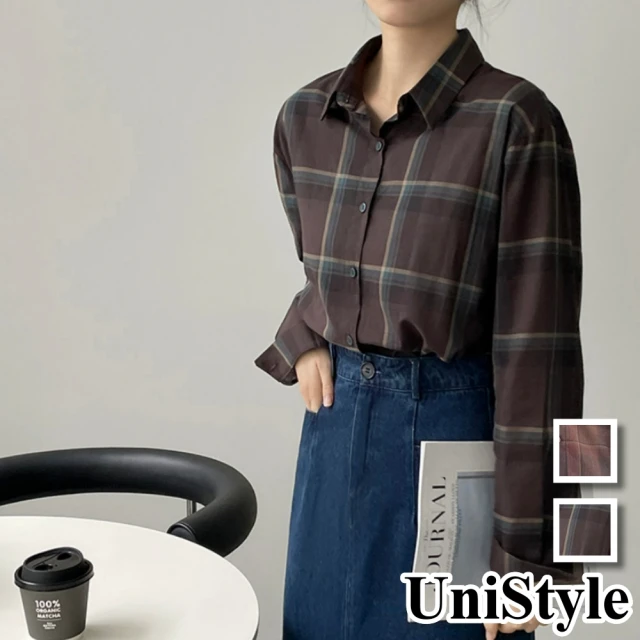 【UniStyle】聖誕韓版設計感復古格紋長袖襯衫 女 WT2172(藍咖 紅茶咖)