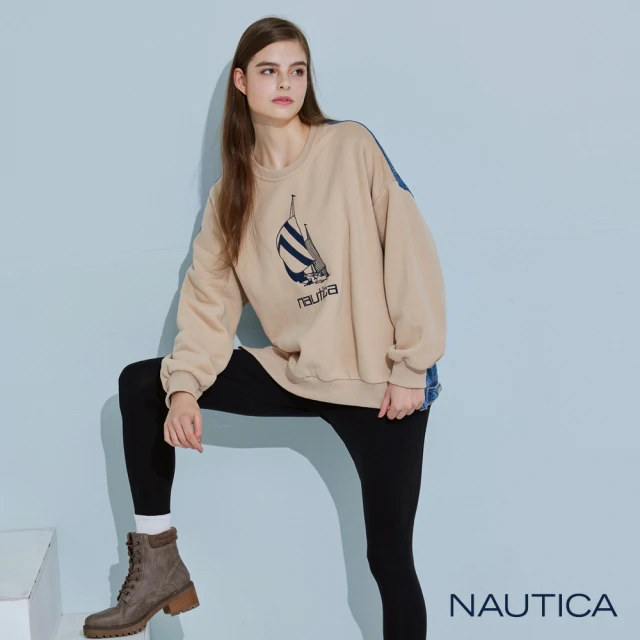 【NAUTICA】女裝 品牌LOGO異材質拼接刷毛大學T(卡其)