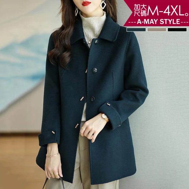 【Amay Style 艾美時尚】女裝 外套 高級感修身顯瘦折袖毛呢大衣。中大尺碼M-4XL(3色.預購)
