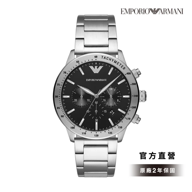 【EMPORIO ARMANI】Mario 沉穩實搭三眼計時多功能手錶 銀色不鏽鋼鍊帶 43MM AR11241