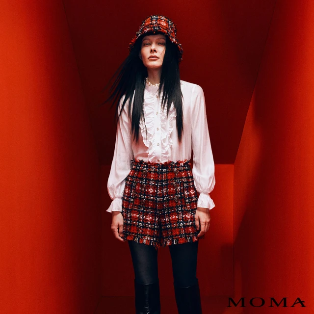 【MOMA】小香紅格花呢雙排釦短西褲(紅色)