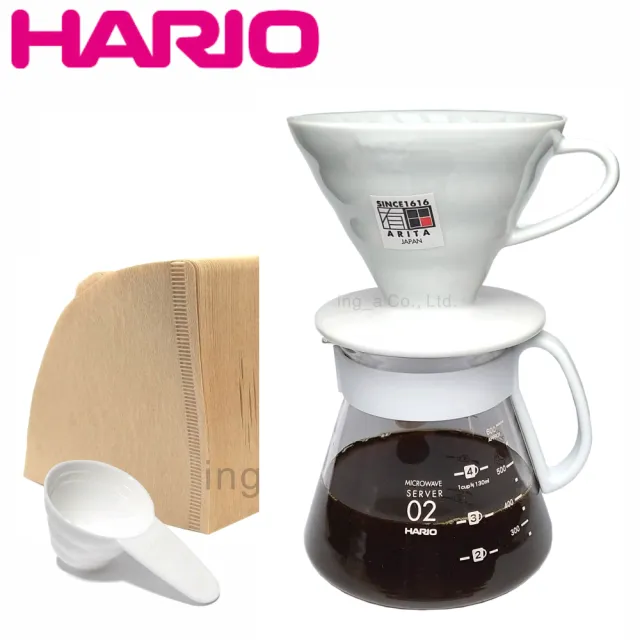 【HARIO】V60白色02陶瓷濾杯咖啡壺組(4人份禮盒組)