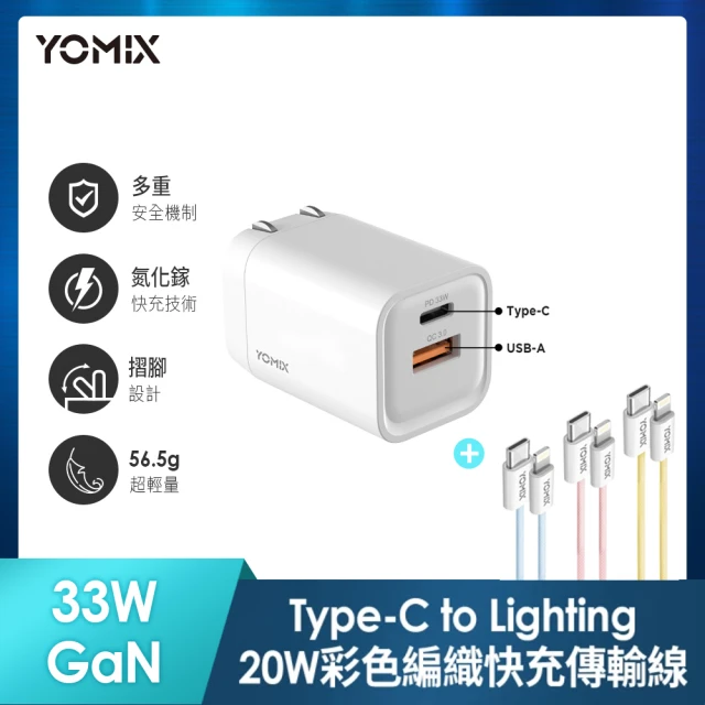 【YOMIX 優迷】33W GaN氮化鎵PPS/PD/QC雙孔快充可折疊充電器(GaN-X6)+C to L 20W編織充電線