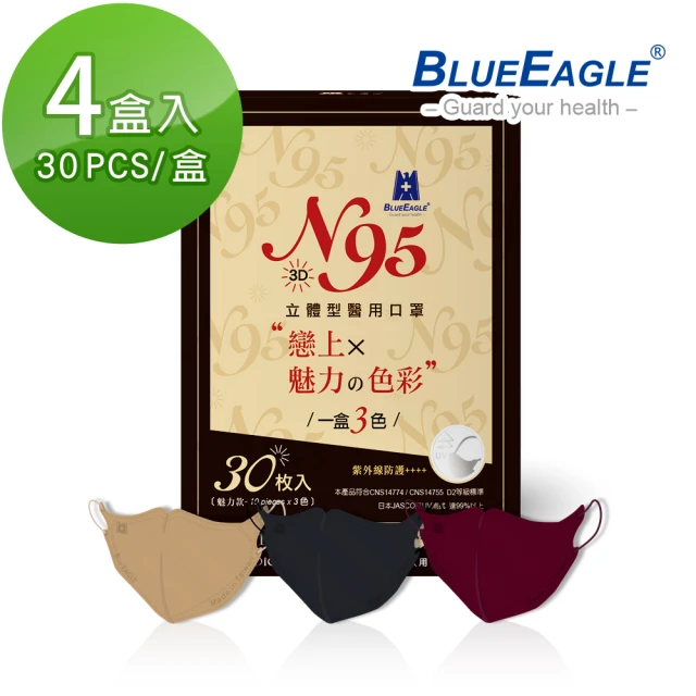 【藍鷹牌】魅力款 N95醫用立體型成人口罩 三色綜合款 30片*4盒(酒紅色、栗鼠棕、霧灰色)