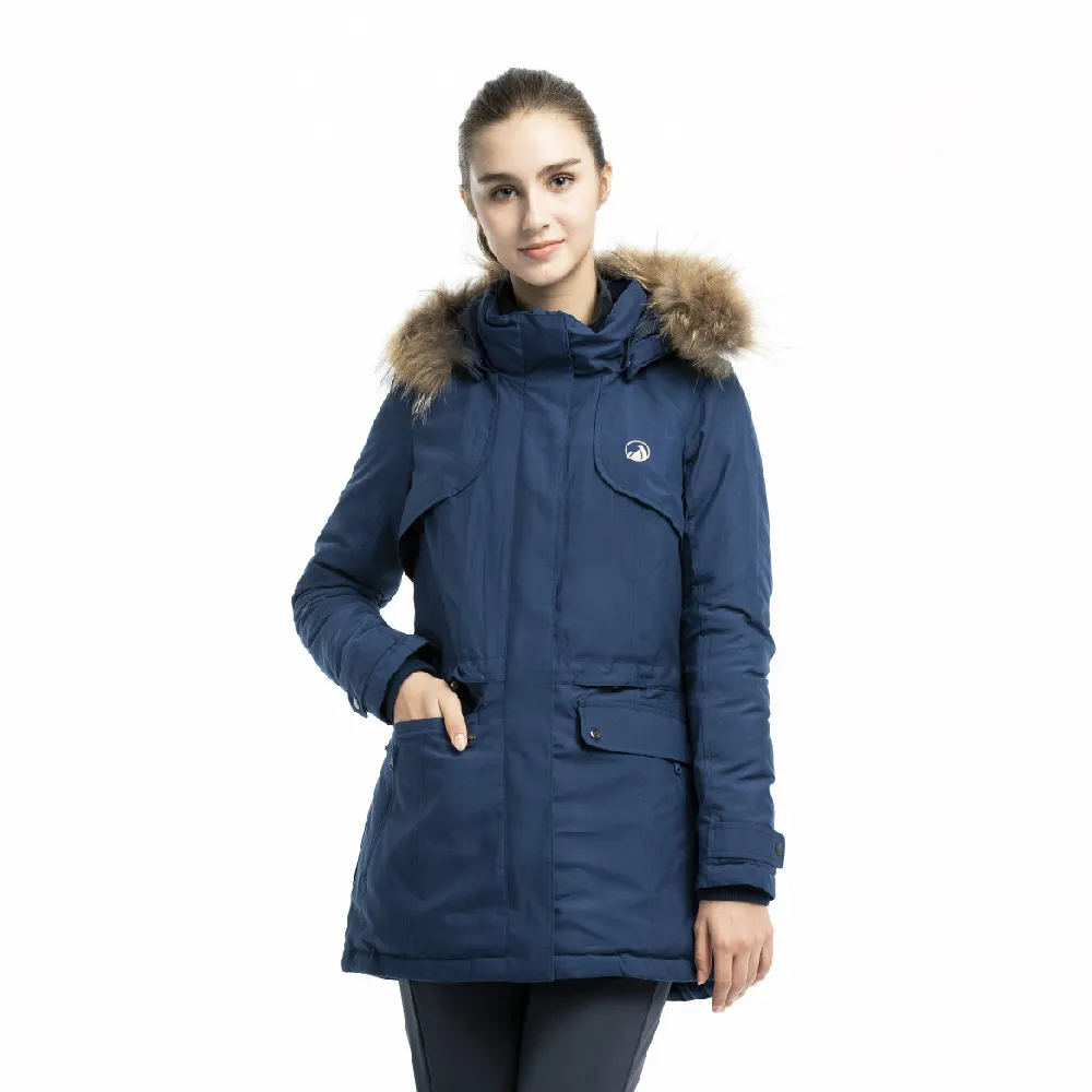 【Hilltop 山頂鳥】女款超潑水保暖蓄熱羽絨短大衣F22F04藍