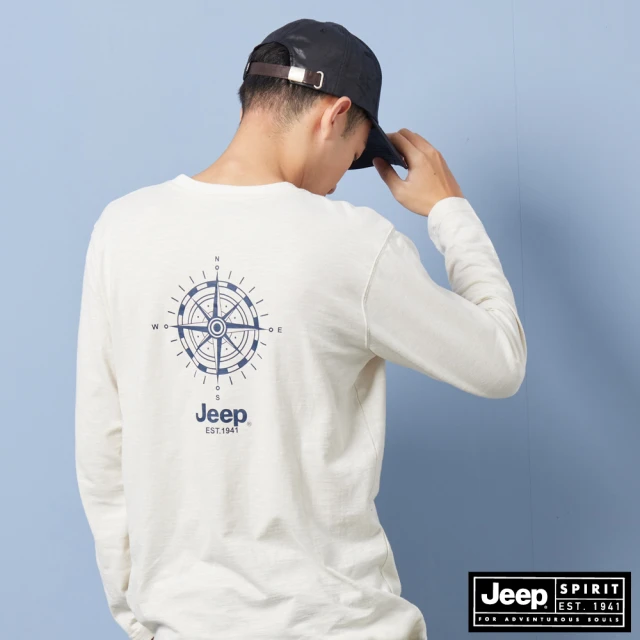 【JEEP】男裝 指南針圖騰印花休閒長袖T恤(白色)-momo購物網