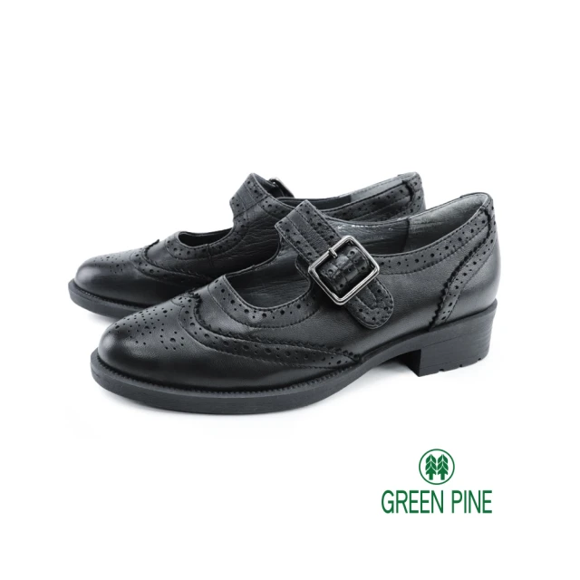 【GREEN PINE】真皮瑪莉珍牛津低跟鞋 黑色(00863635)