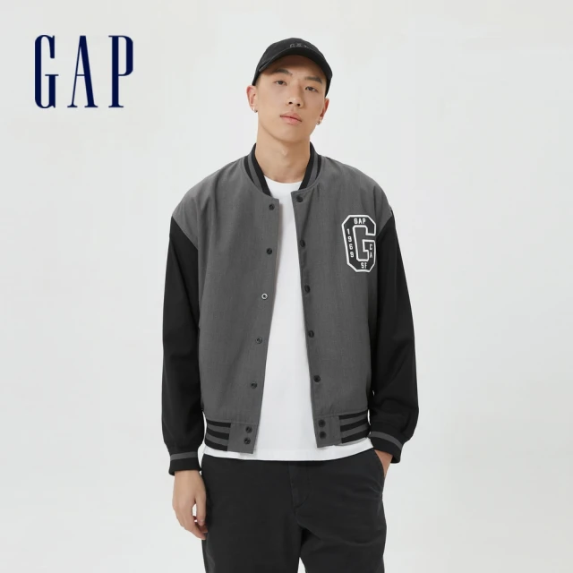 【GAP】男女同款 Logo撞色運動棒球外套(602740-灰黑色)