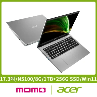 【Acer 宏碁】A317-33-C6ZM 17.3吋雙碟超值文書筆電-銀(N5100/8G/1TB+256G SSD/Win11)