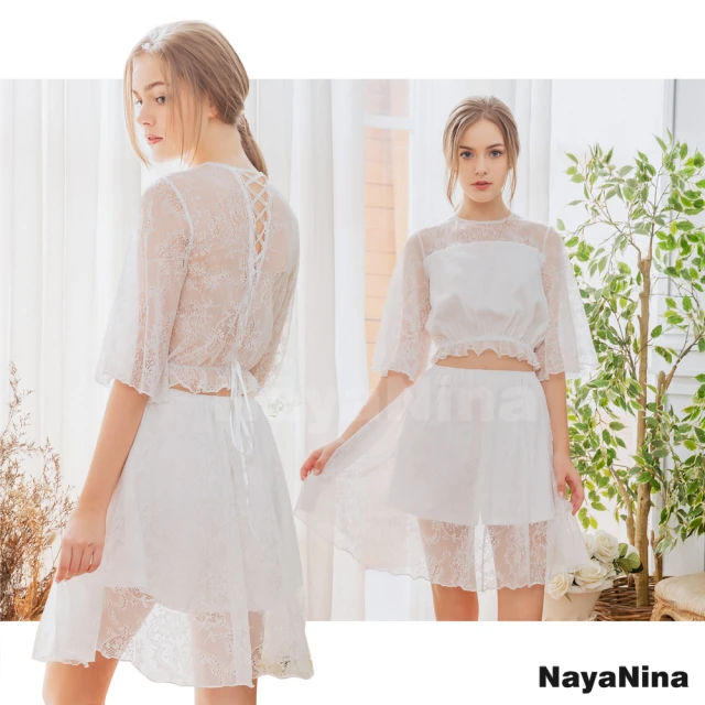 【NAYA NINA】雪白蕾絲美背綁帶套裝式居家洋裝睡衣(情趣/性感/成套/居家服)