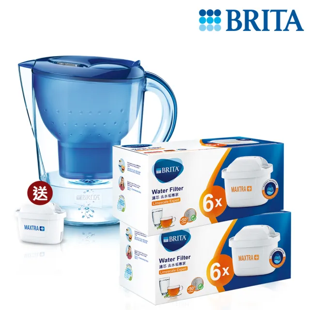 【BRITA】MAXTRA Plus 去水垢12入濾芯  贈2.4L馬利拉濾水壺藍