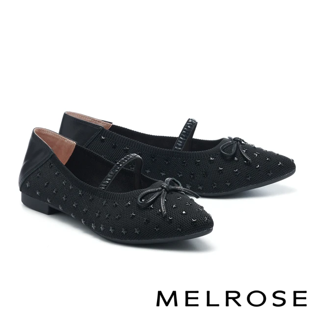 【MELROSE】美樂斯 時髦晶鑽星星飛織布尖頭低跟鞋(黑)